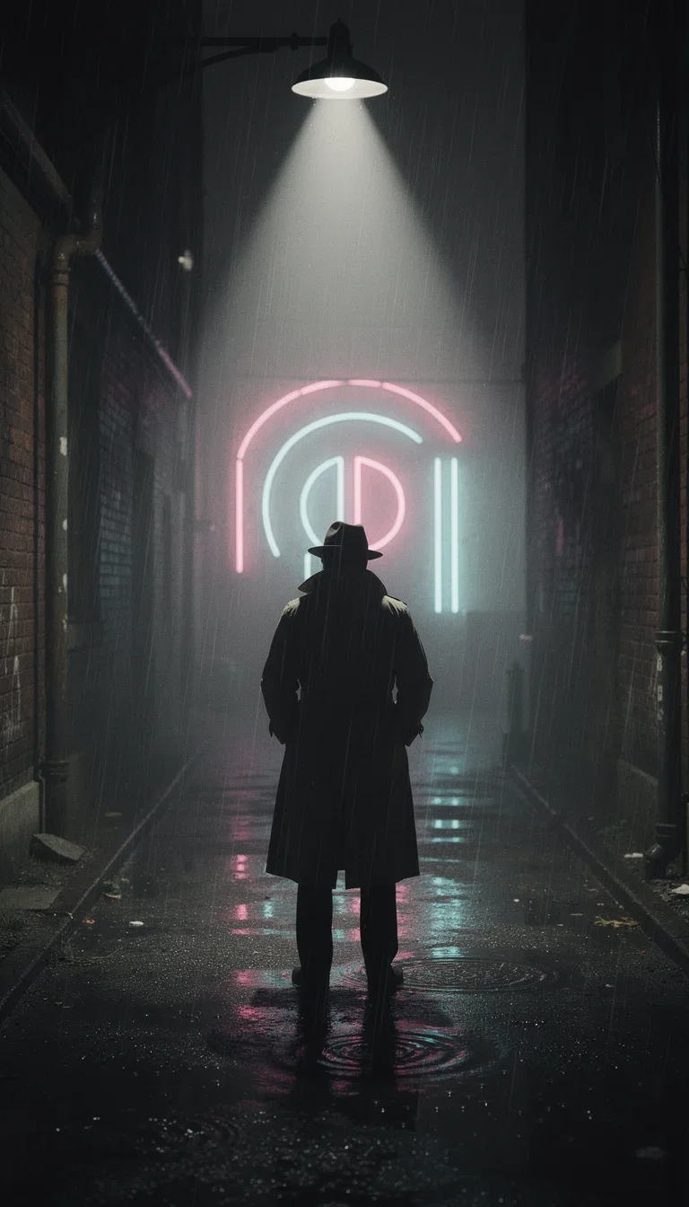 Detective silhouette under a street lamp in a rainy noir alley, scripted mood direction rendered on FluxoKit