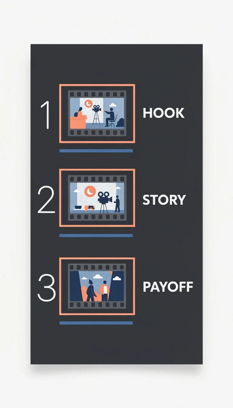 A tall storyboard card with three numbered beat frames labeled hook, story and payoff, generated on FluxoKit