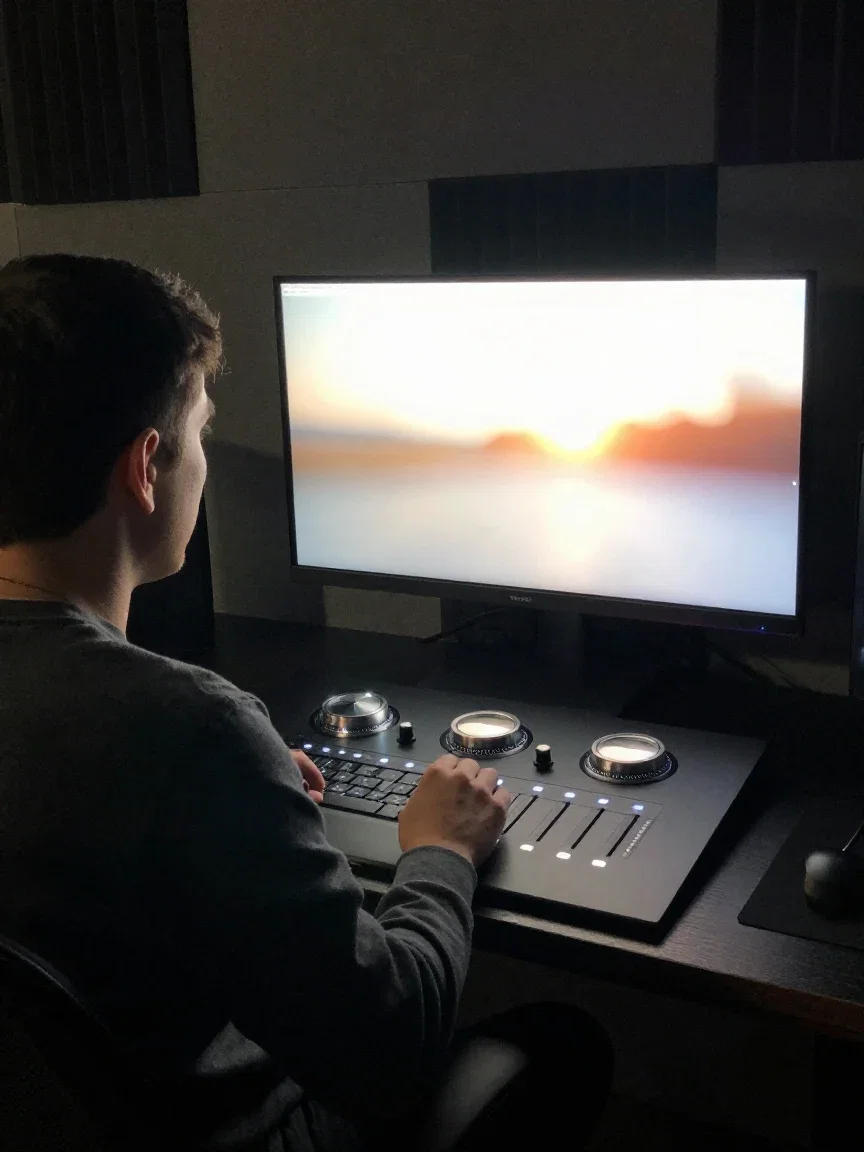 Video editor at a color-grading suite with a bright frame on the monitor, generated on FluxoKit