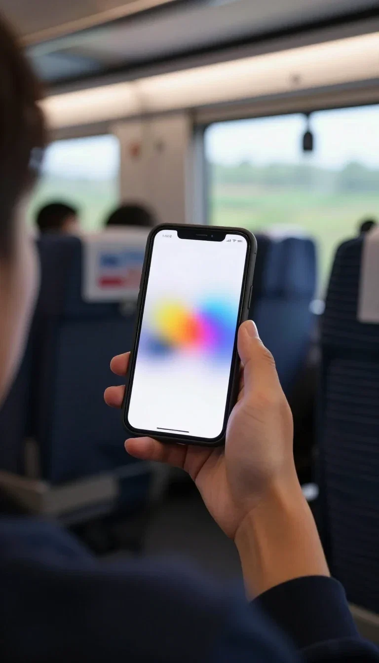 Person watching a bright video on a phone held horizontally on a train, generated on FluxoKit