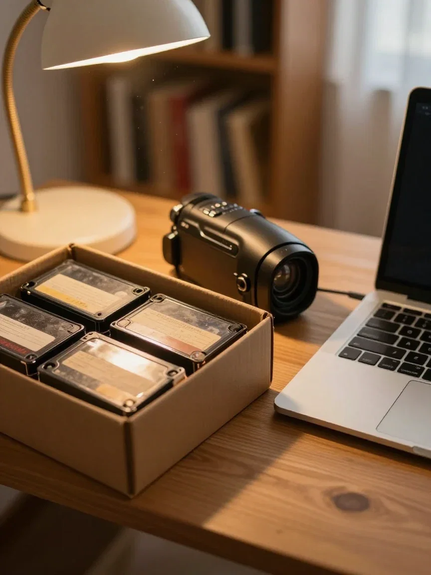 Box of miniDV tapes and a camcorder beside a modern laptop, generated on FluxoKit