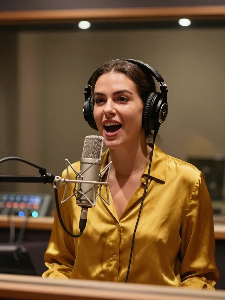 Voice actress in a gold blouse delivering an energetic ad read into a broadcast microphone, generated on FluxoKit