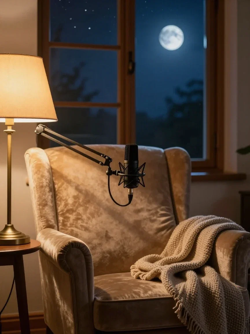 Cozy narration corner with an armchair, warm lamp, and boom microphone by a night window, generated on FluxoKit