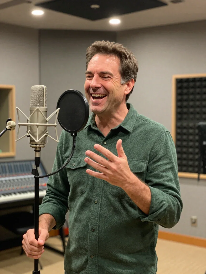 Actor in a green shirt performing a playful character voice at a studio microphone, generated on FluxoKit