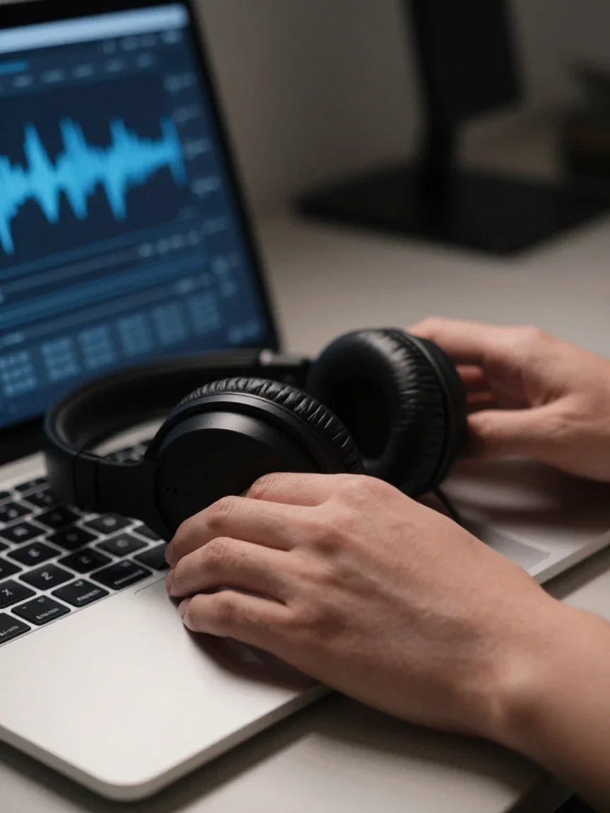 Hands at a laptop showing a blurred audio waveform, studio headphones resting beside, generated on FluxoKit
