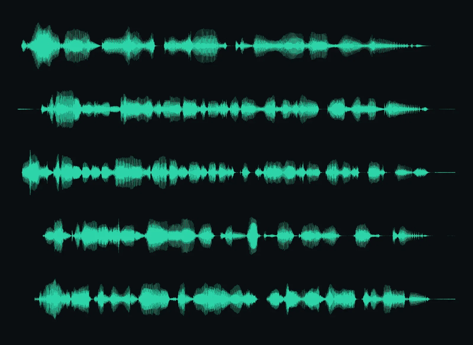 Five stacked waveforms of the same idea spoken by one AI voice in English, Portuguese, Spanish, French, and German on FluxoKit