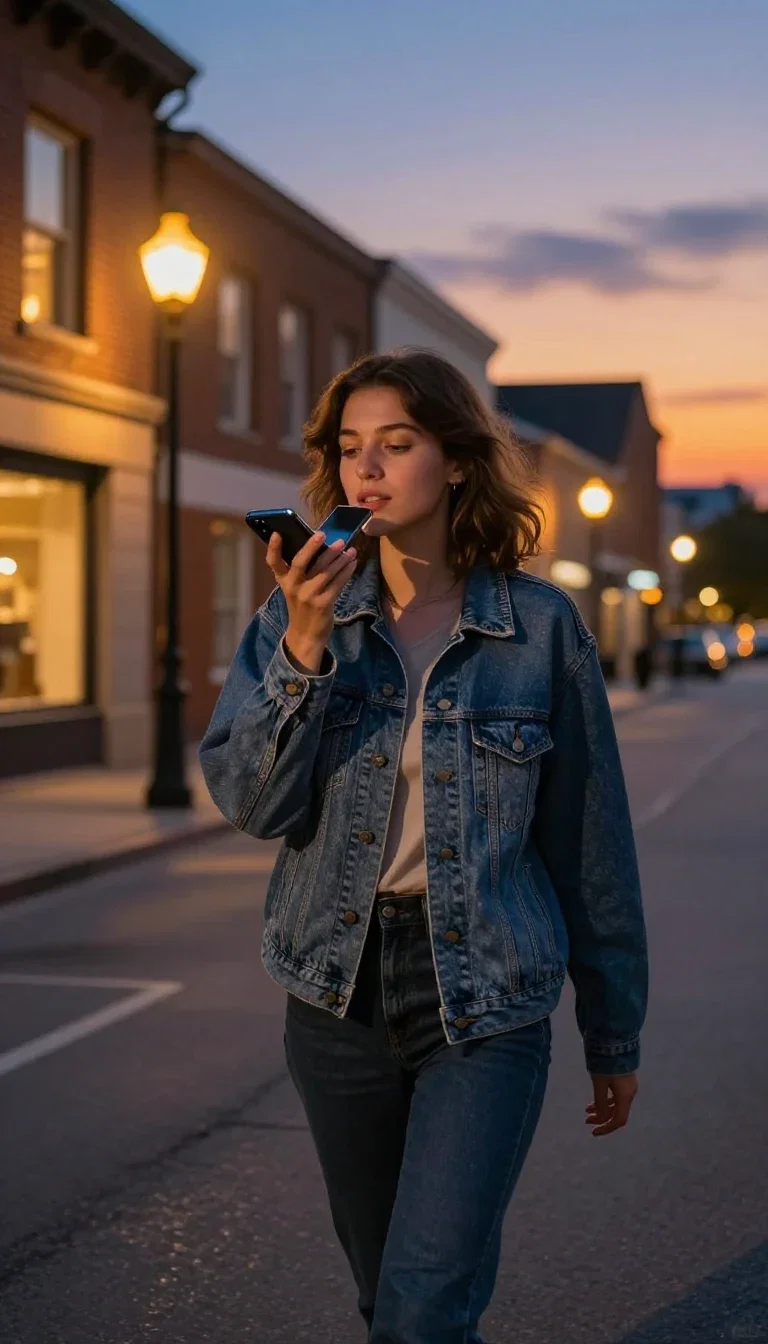 Woman in a denim jacket recording a voice note on her phone on a city street at dusk, generated on FluxoKit