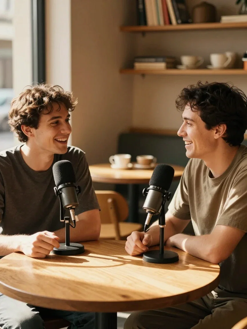 Two friends recording a podcast with portable microphones at a cafe table, generated on FluxoKit