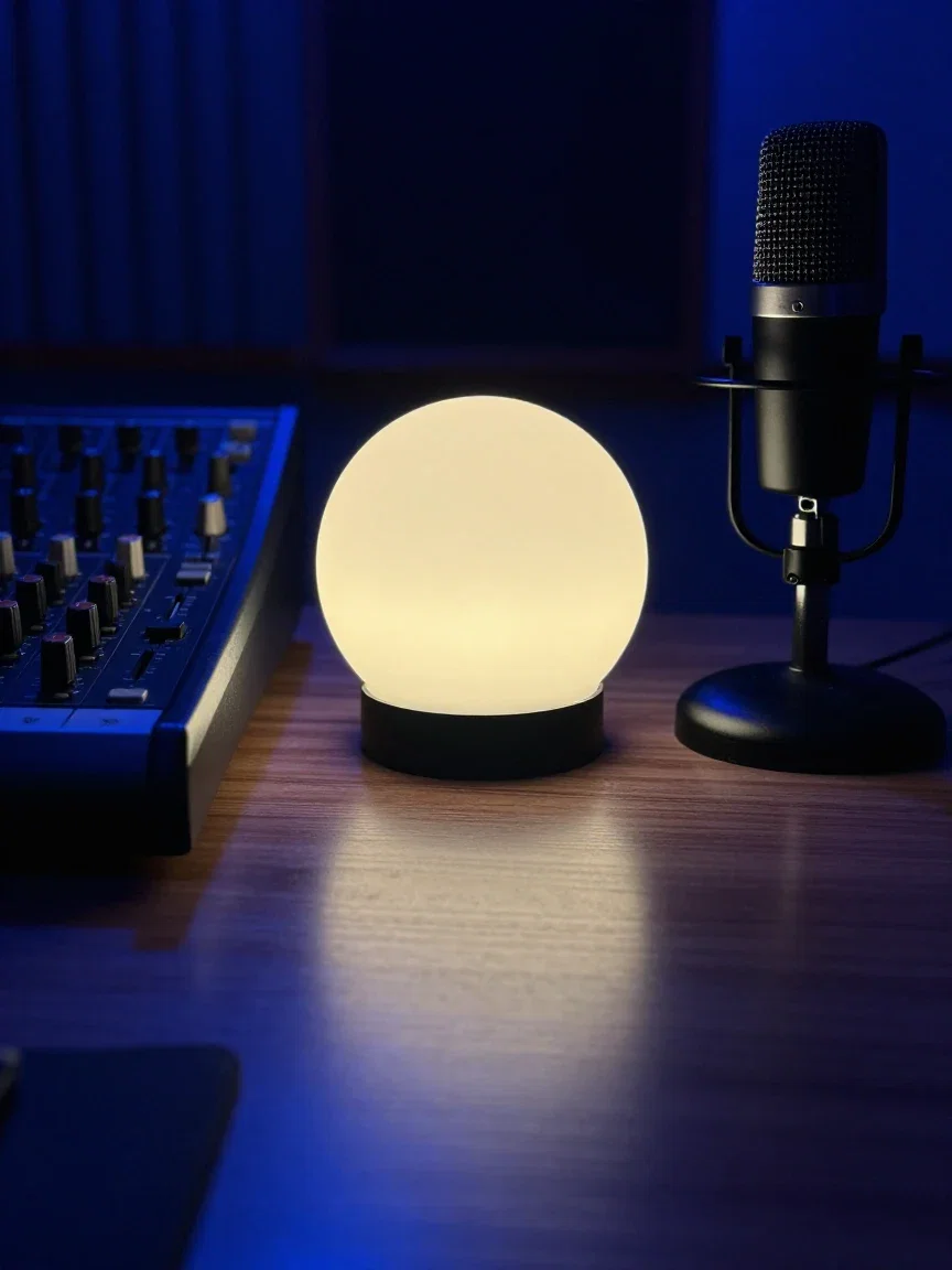 Glowing sphere lamp beside a microphone on a blue-lit radio studio desk, generated on FluxoKit