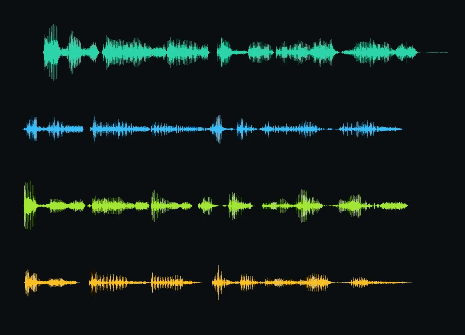 Four stacked waveforms of the same sentence spoken by four different AI voices on FluxoKit, each with a distinct shape