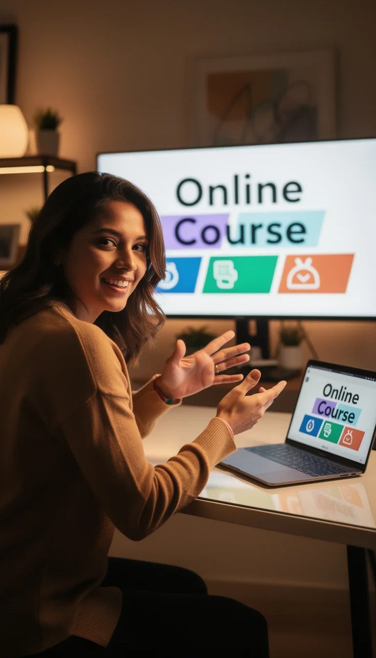Course creator presenting at a laptop with an online-course banner, generated on FluxoKit