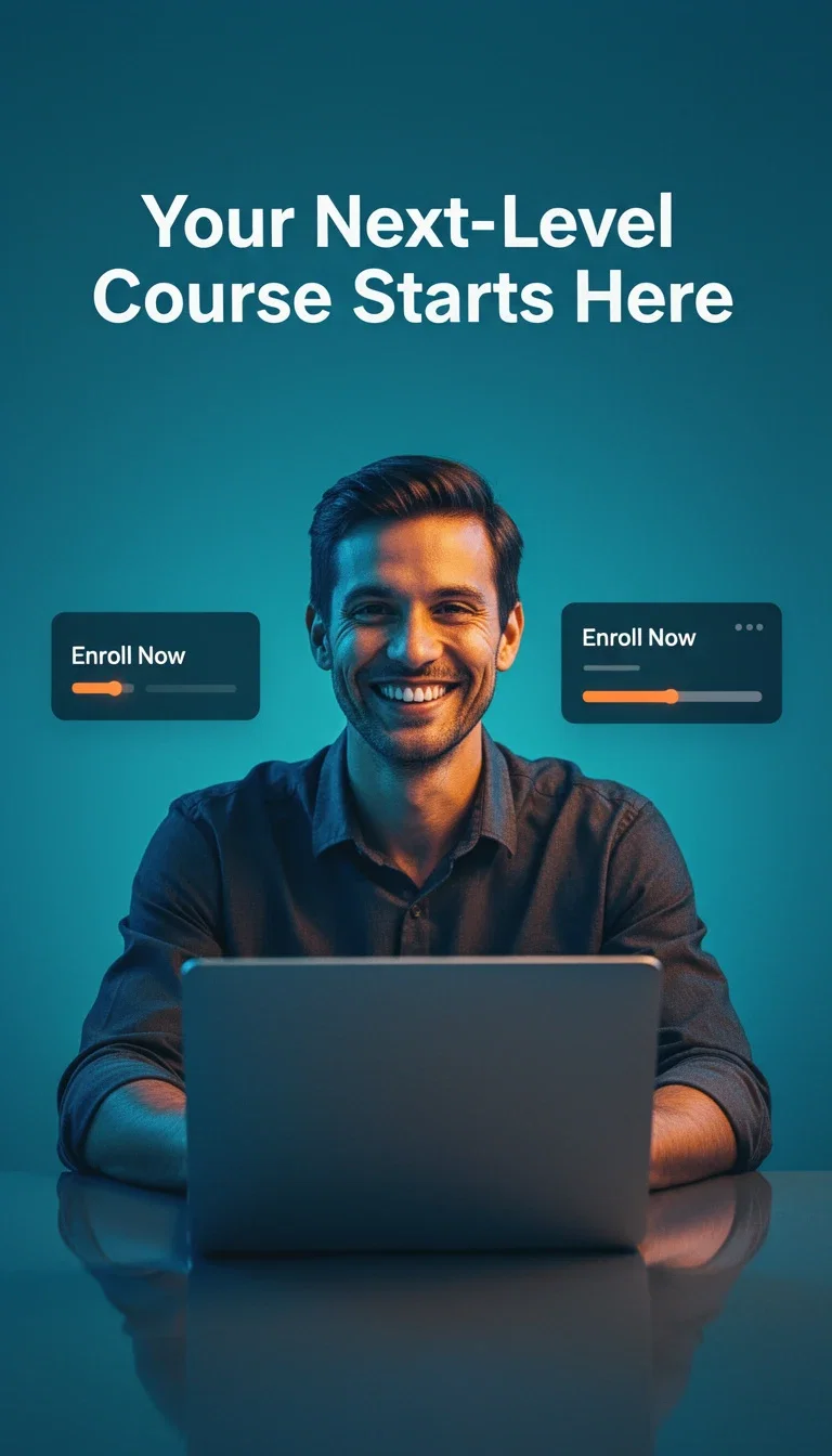 Course offer cover with headline copy and smiling educator at a laptop, generated on FluxoKit