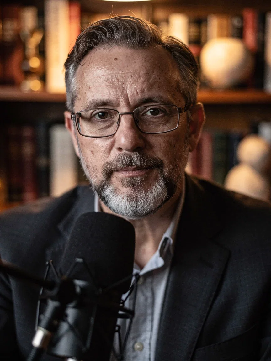 Documentary-style close-up of a distinguished expert with glasses behind a broadcast microphone before a warm bookshelf, generated on FluxoKit
