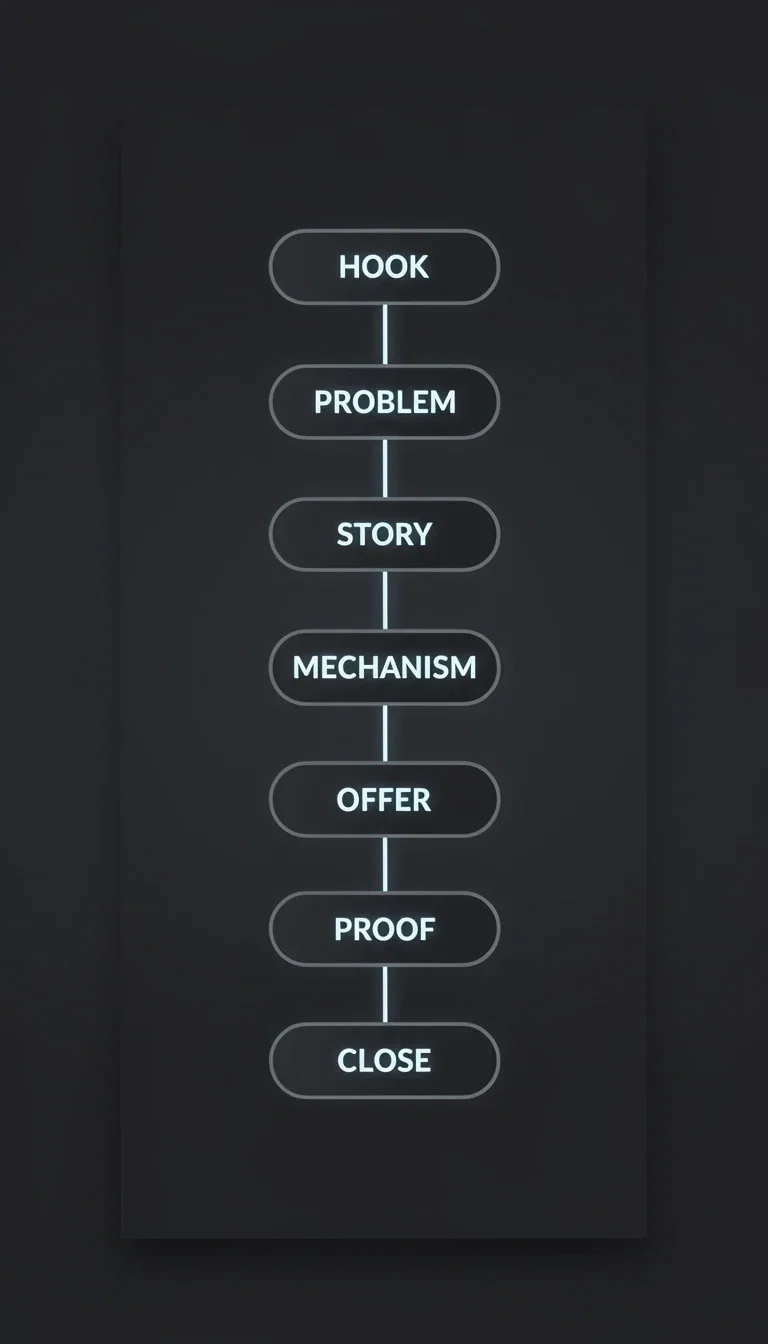 A tall presentation card showing the seven-step VSL flow from hook to close, generated on FluxoKit