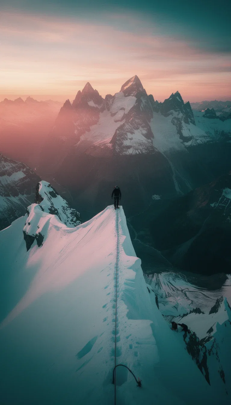 AI-generated cinematic Short frame of an alpinist on a knife-edge snow ridge at sunrise, made on FluxoKit