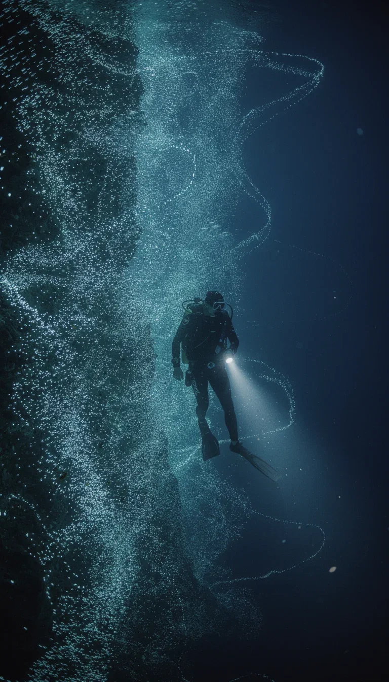AI-generated cinematic Short frame of a diver descending past bioluminescent plankton, made on FluxoKit
