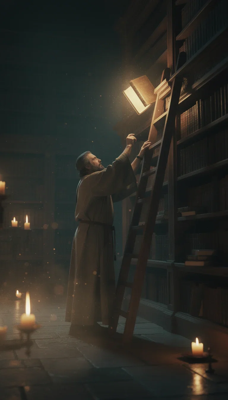 AI-generated cinematic Short frame of a scholar reaching for a glowing book in a candlelit library, made on FluxoKit