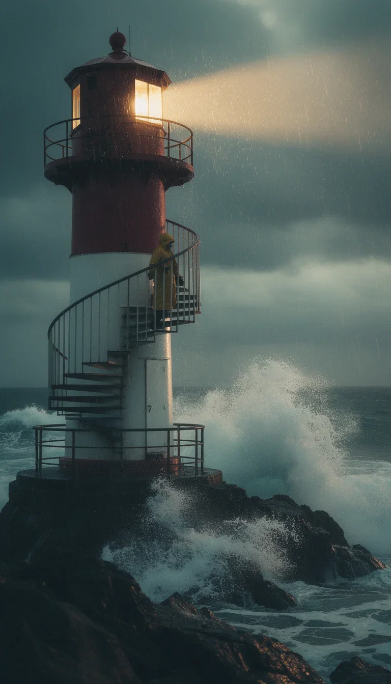 AI-generated cinematic Short frame of a lighthouse keeper climbing spiral stairs in a storm, made on FluxoKit