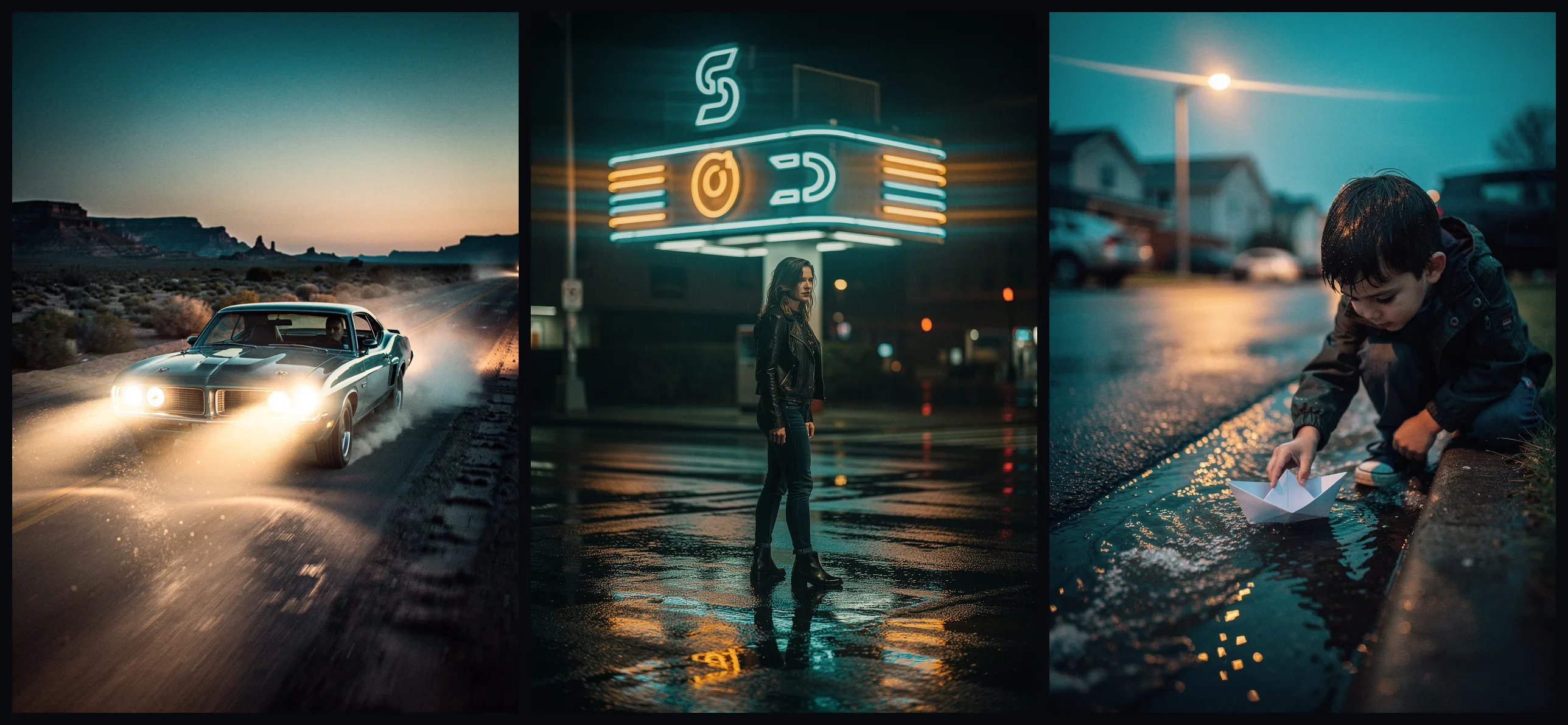 Three AI-generated cinematic frames sharing one teal-and-amber grade: a desert drive, a neon diner, and a rain-gutter paper boat, made on FluxoKit