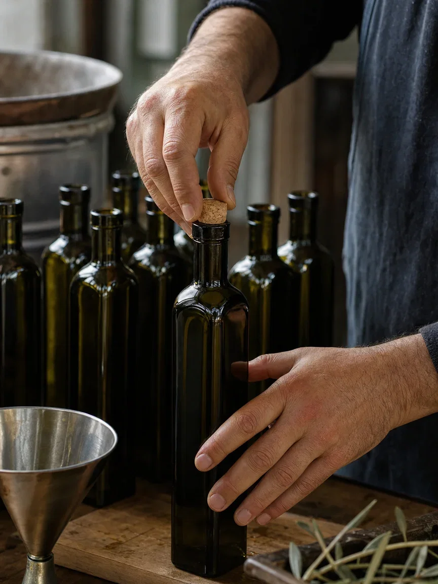 Hands corking a blank glass bottle of olive oil at the bench, rendered with GPT Image 2 on FluxoKit