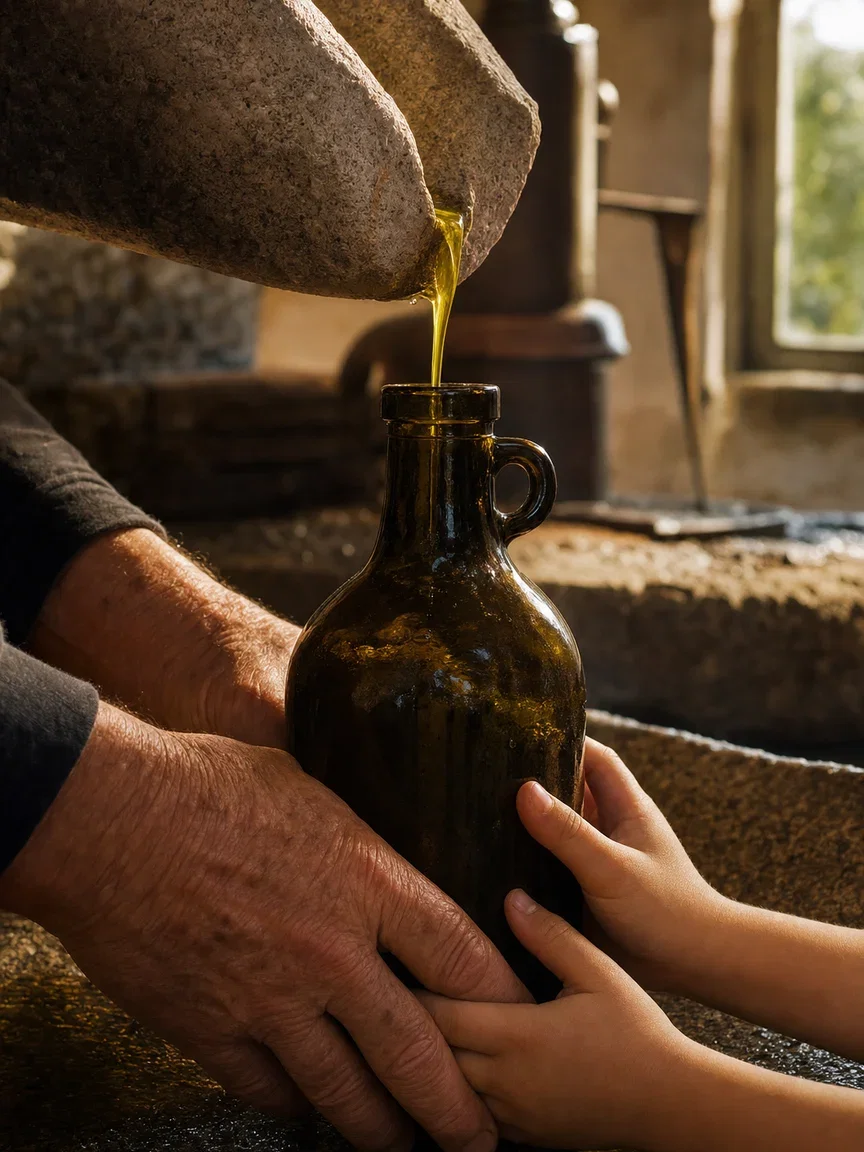 Elderly and child hands steadying a bottle under a stone mill spout as oil streams, the Sonnet brief rendered verbatim with GPT Image 2 on FluxoKit