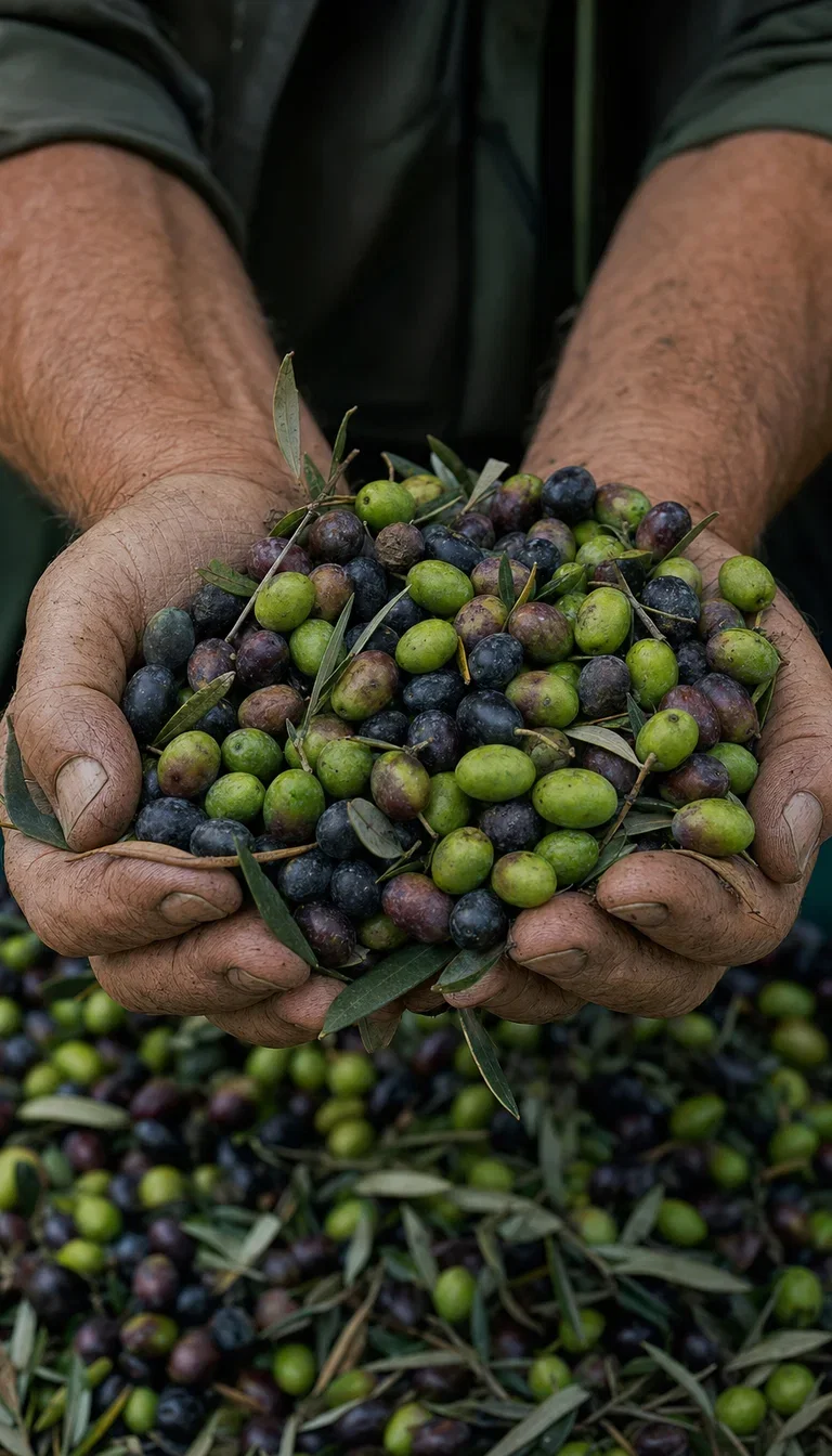 Weathered cupped hands lifting just-picked olives, rendered with GPT Image 2 on FluxoKit