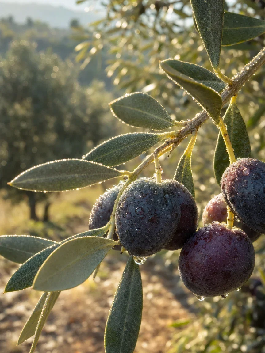 Ripe olives on a dewy silver branch, rendered with GPT Image 2 on FluxoKit