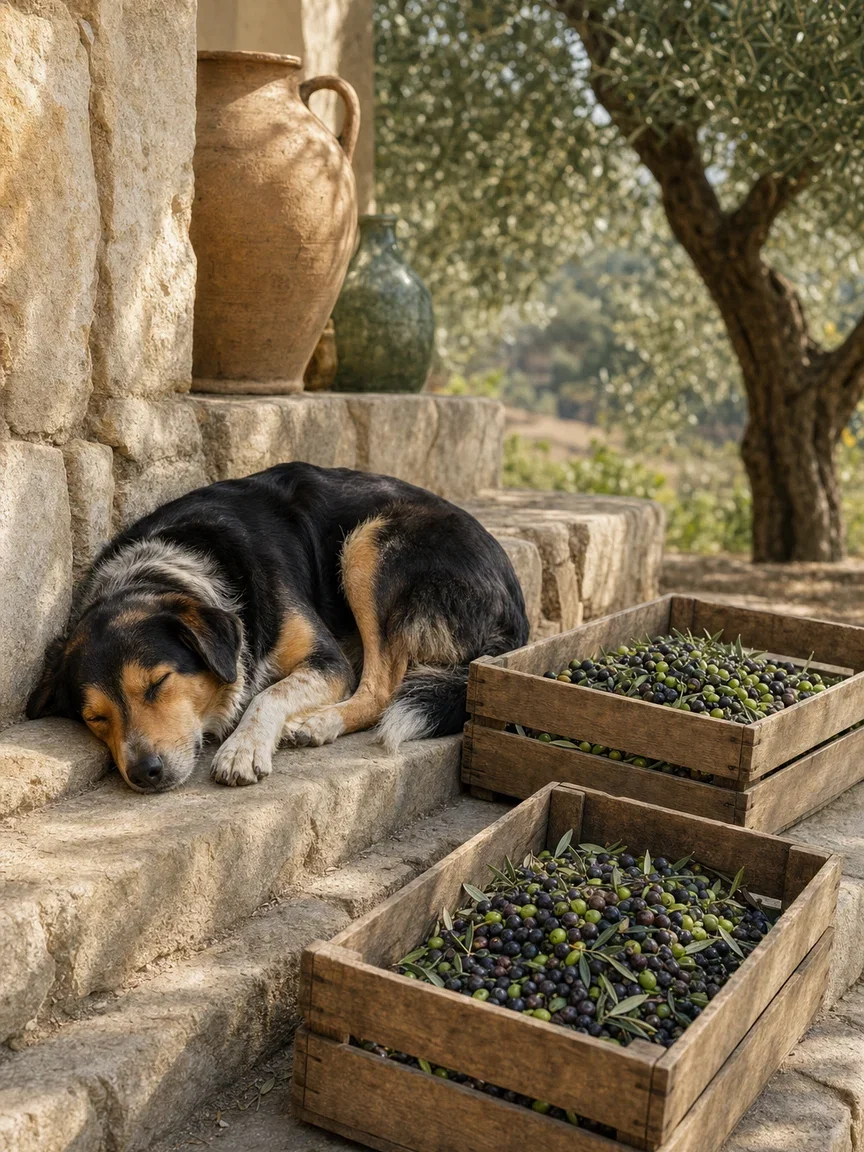 Farm dog asleep on stone steps beside olive crates, rendered with GPT Image 2 on FluxoKit