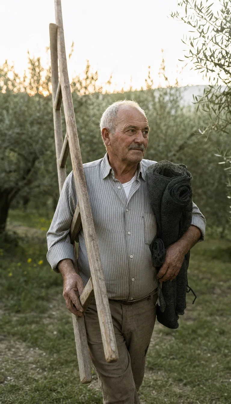 Elderly farmer carrying a ladder through an olive grove at first light, rendered with GPT Image 2 for the Sonnet campaign demo on FluxoKit
