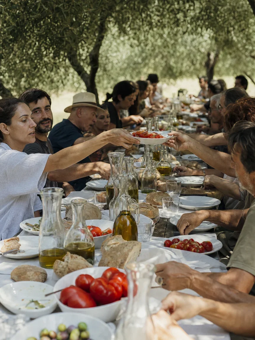Harvest lunch table under the grove with hands passing plates, rendered with GPT Image 2 on FluxoKit