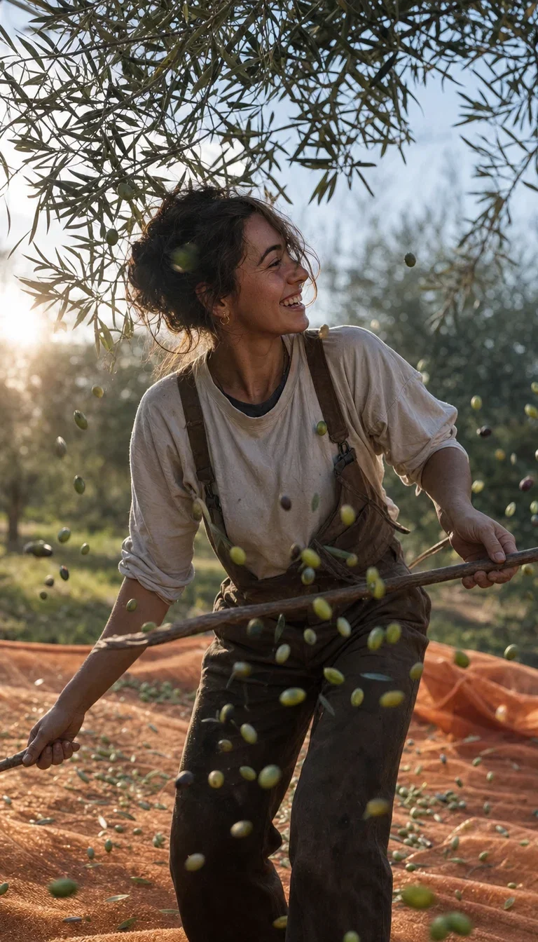 Olives raining onto an orange harvest net as a woman rakes a branch, rendered with GPT Image 2 on FluxoKit
