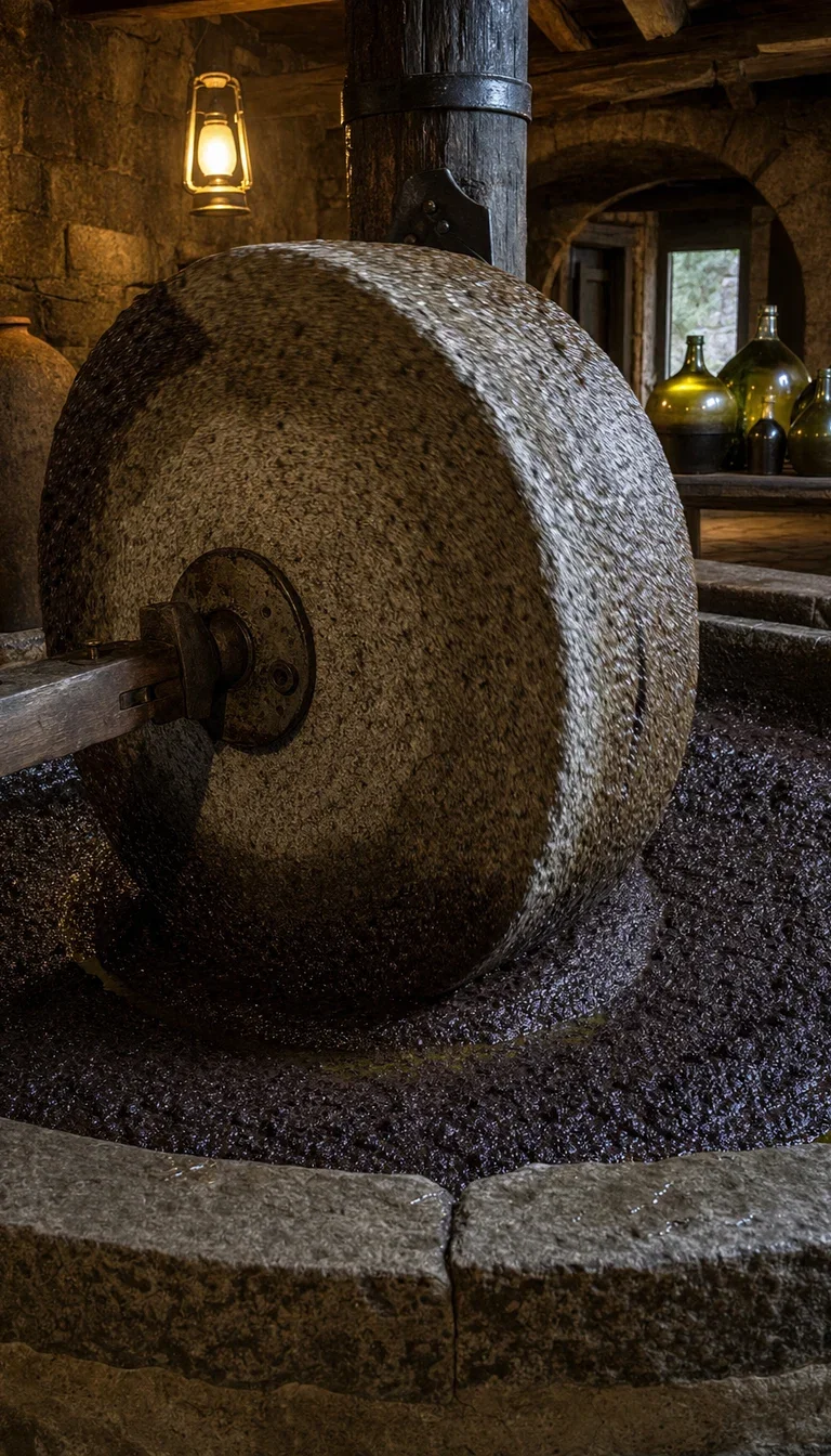 Granite mill stone turning through olive paste in lamplight, rendered with GPT Image 2 on FluxoKit