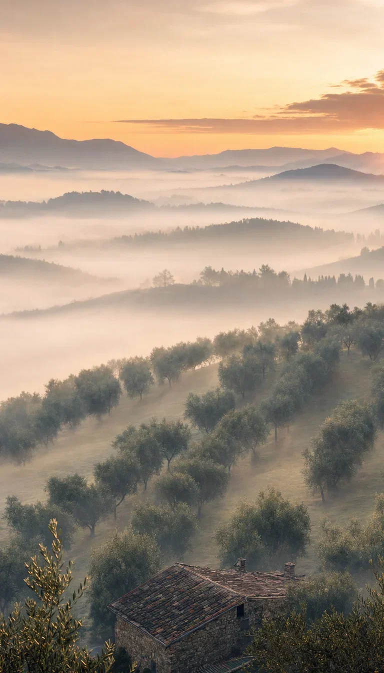 Olive rows emerging from valley mist at dawn, rendered with GPT Image 2 on FluxoKit