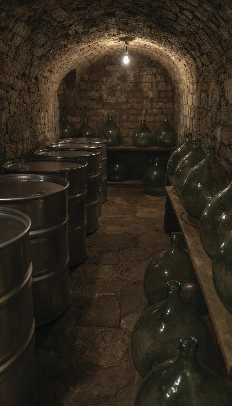 Stone cellar of steel drums and blank demijohns under a single bulb, rendered with GPT Image 2 on FluxoKit