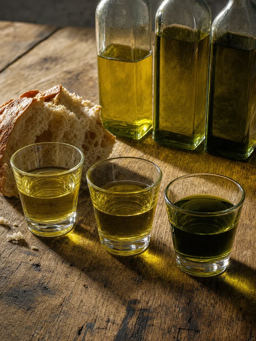Three glasses of olive oil from pale gold to deep green beside torn bread, rendered with GPT Image 2 on FluxoKit