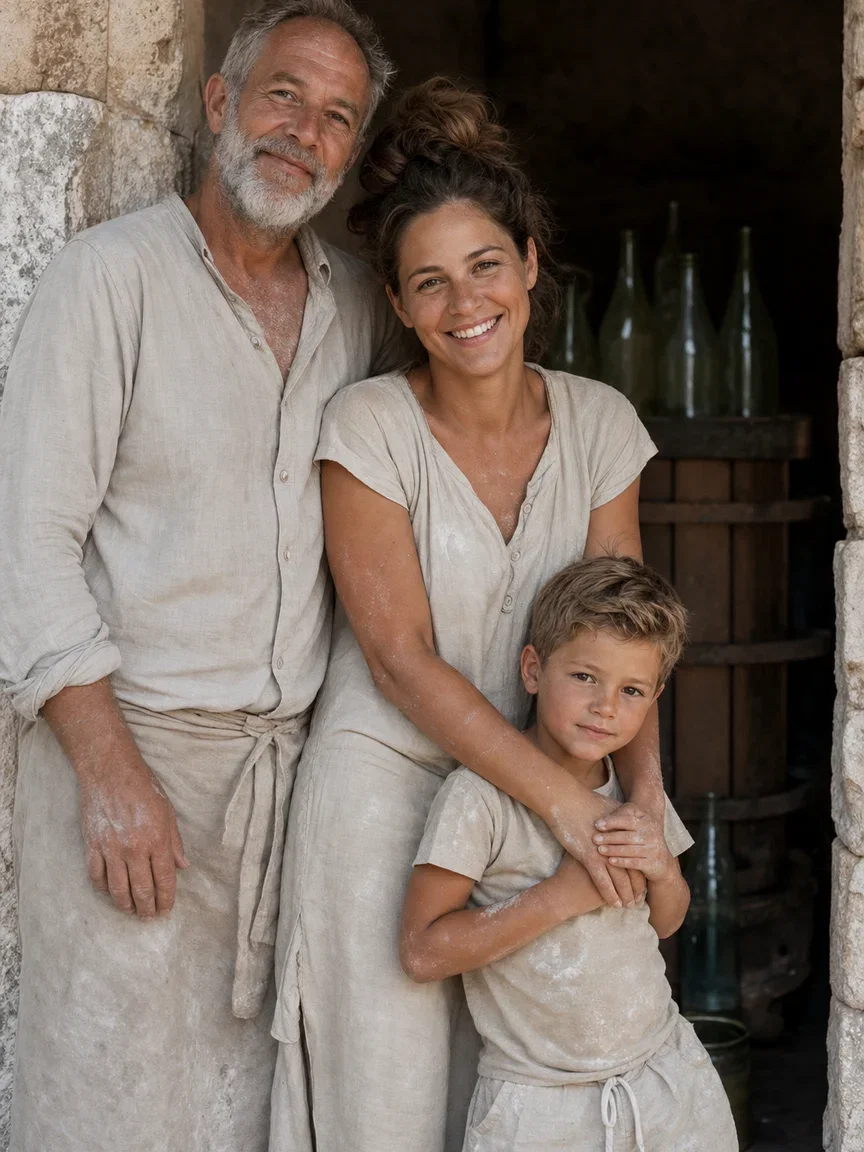 Grandfather, mother and son at the stone doorway of the press house, rendered with GPT Image 2 on FluxoKit