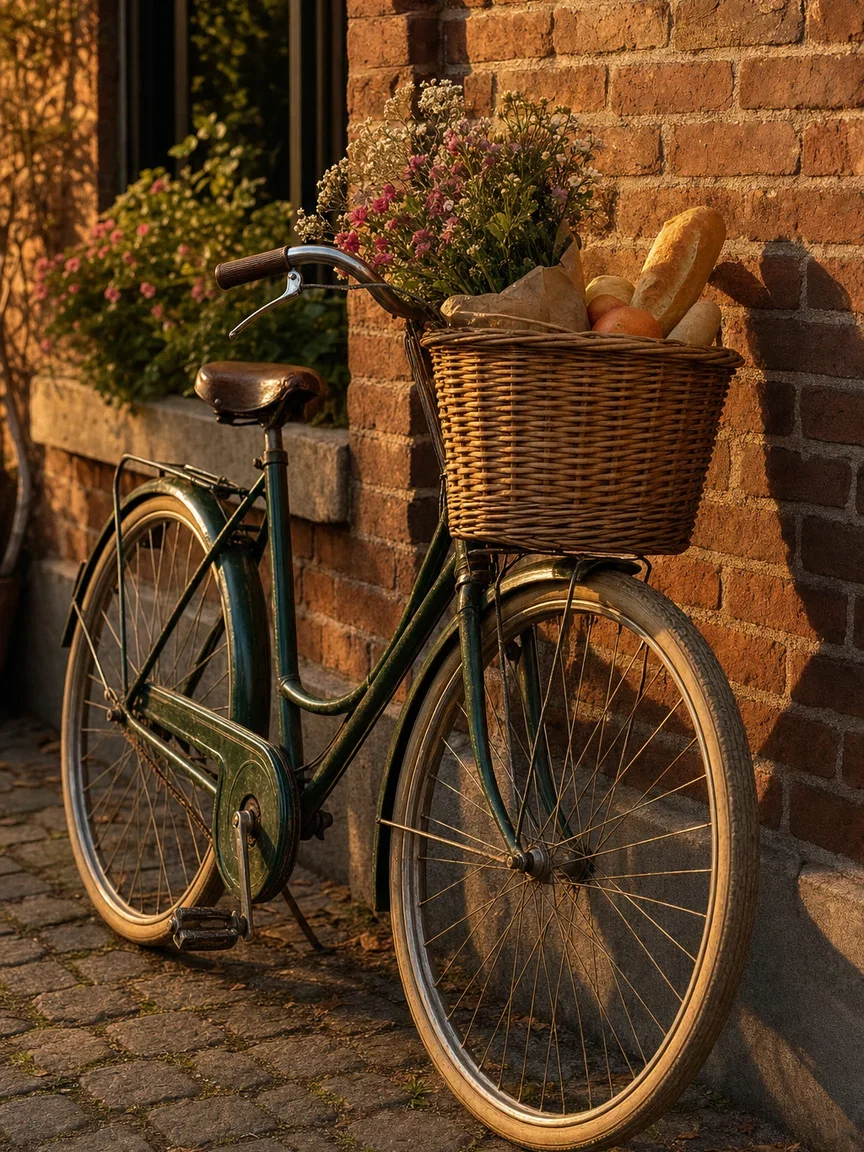 Vintage bike with a basket of groceries and flowers on a brick wall, rendered with GPT Image 2 on FluxoKit