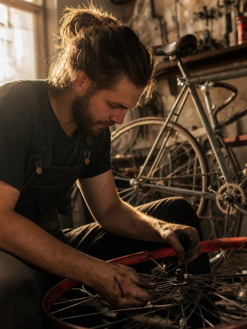 Grease-blackened hands aligning red wheel spokes in golden workshop light, the DeepSeek brief rendered verbatim with GPT Image 2 on FluxoKit
