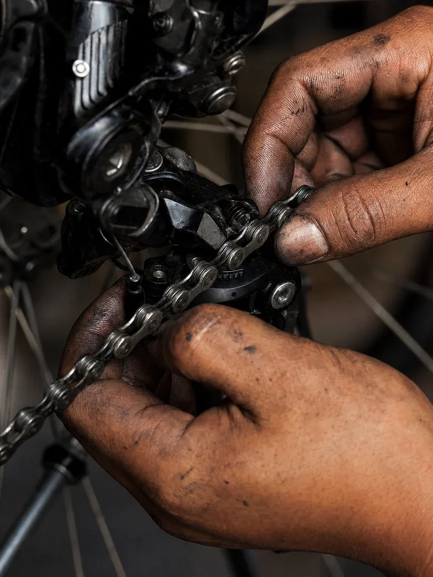 Grease-black hands threading a chain through a derailleur, rendered with GPT Image 2 on FluxoKit