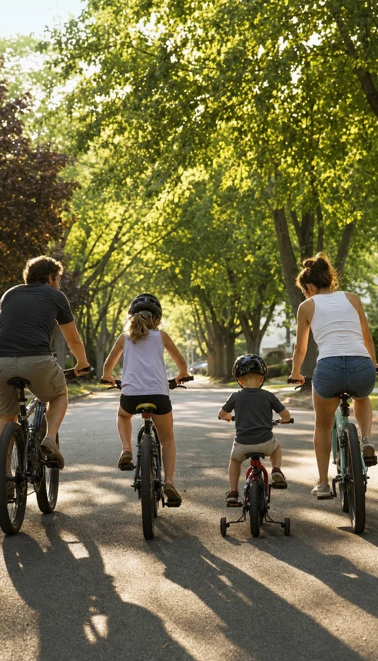 Family bike ride setting off down a tree-lined morning street, rendered with GPT Image 2 on FluxoKit