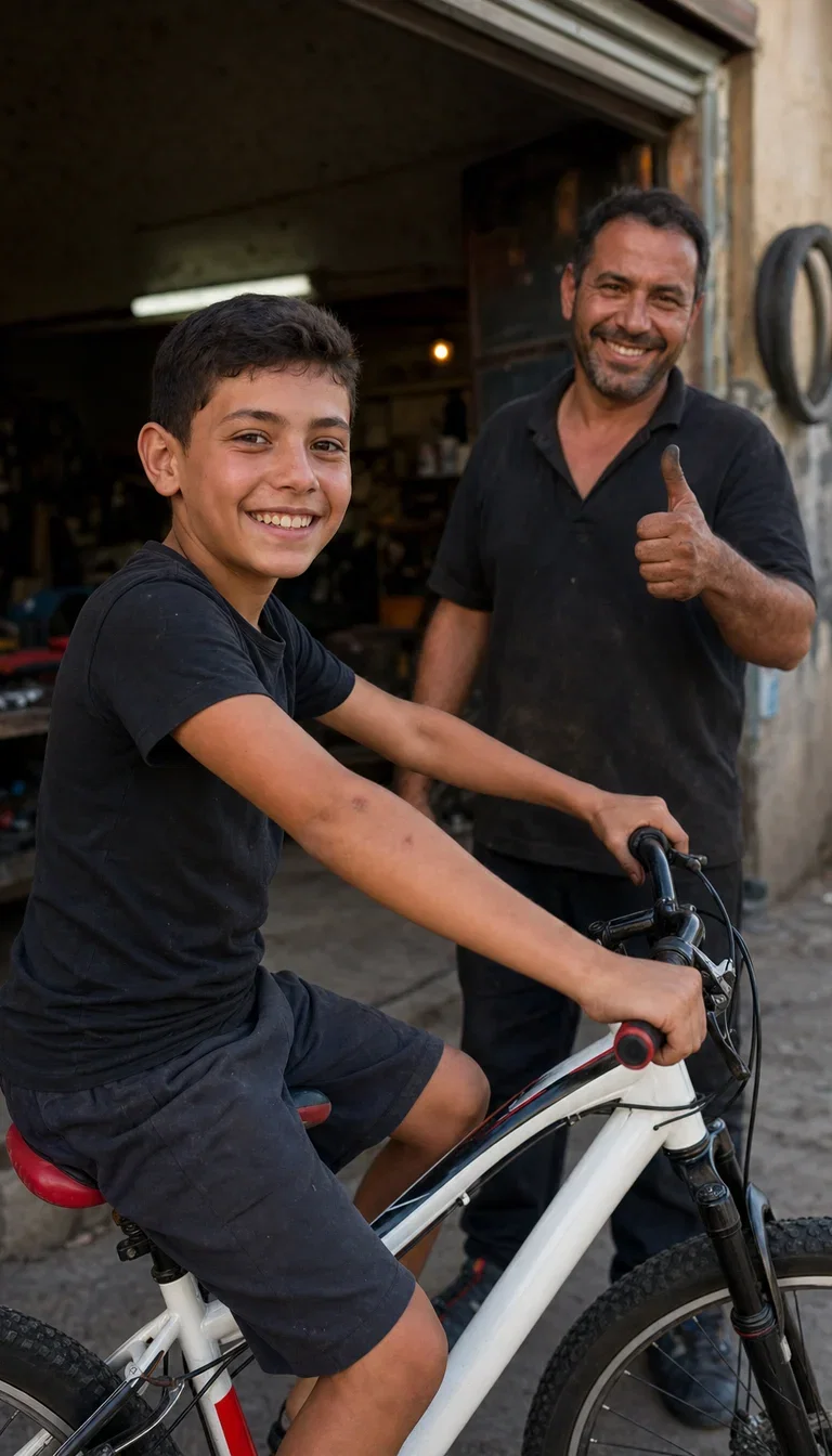 Kid grinning on a freshly fixed bike as the mechanic gives a thumbs up, rendered with GPT Image 2 on FluxoKit
