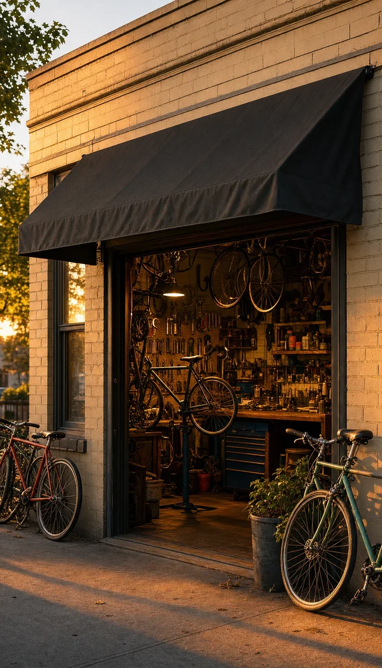 Bike shop doorway spilling golden light onto the sidewalk, rendered with GPT Image 2 on FluxoKit