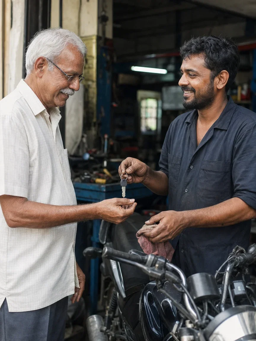 Mechanic returning a fixed bike to a smiling elderly customer, rendered with GPT Image 2 on FluxoKit