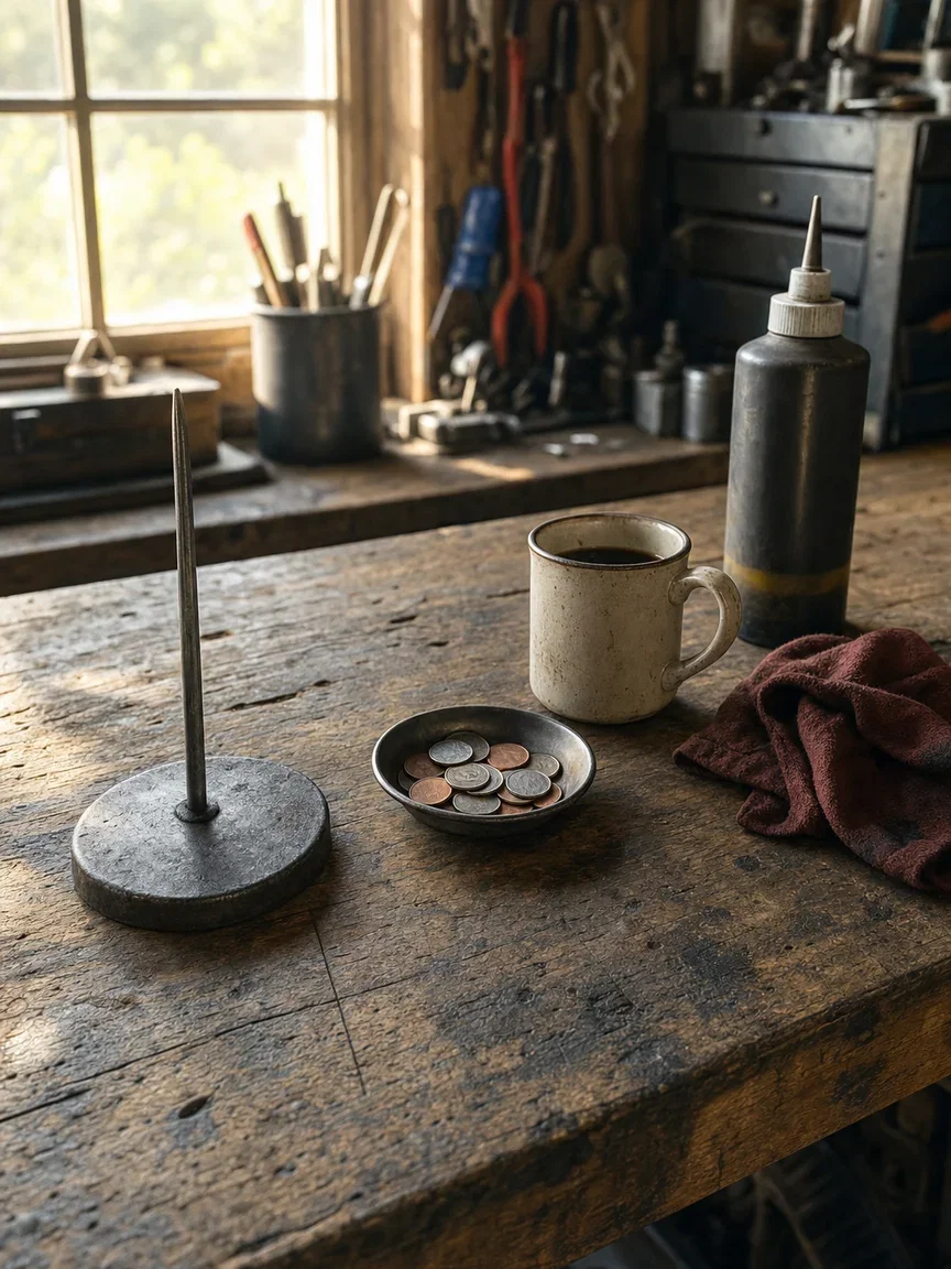 Worn workbench with ticket spike, coin dish and chain lube, rendered with GPT Image 2 on FluxoKit
