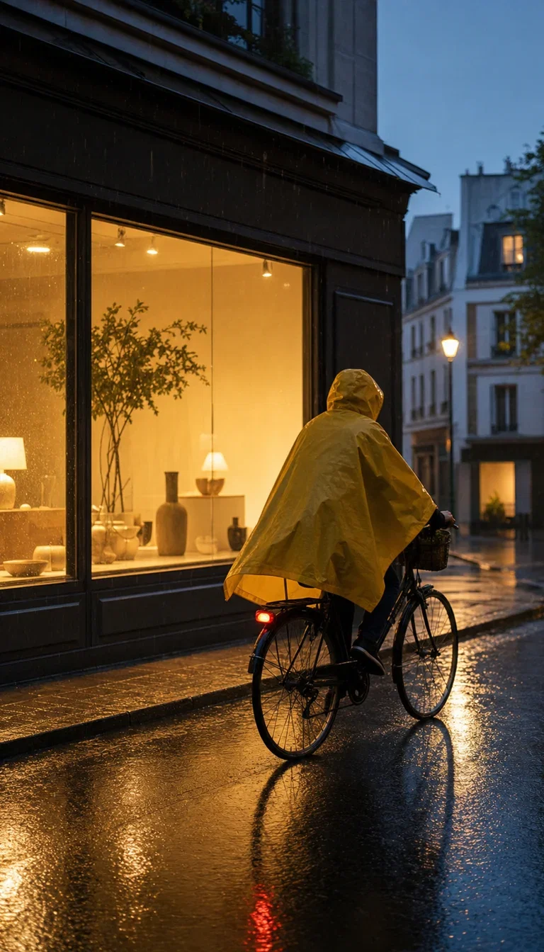Cyclist in a yellow rain cape passing the glowing shop window at dusk, rendered with GPT Image 2 on FluxoKit