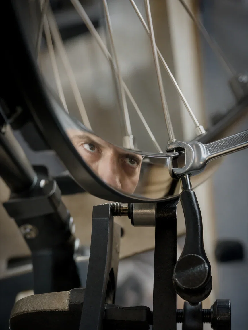 Spoke wrench on a truing stand with the wheel in slight blur, rendered with GPT Image 2 on FluxoKit