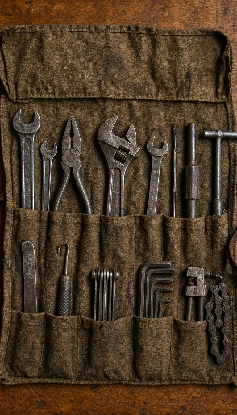 Well-worn bicycle tool roll open on canvas, rendered with GPT Image 2 on FluxoKit
