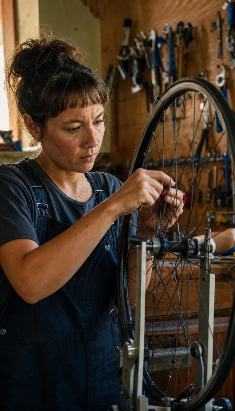Bike mechanic trueing a wheel in a small workshop, rendered with GPT Image 2 for the DeepSeek campaign demo on FluxoKit