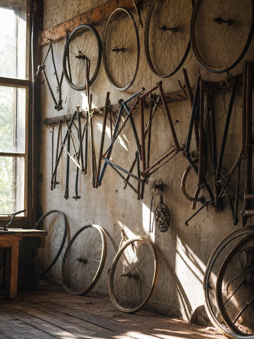 Workshop wall of hanging wheels and frames in slanting light, rendered with GPT Image 2 on FluxoKit
