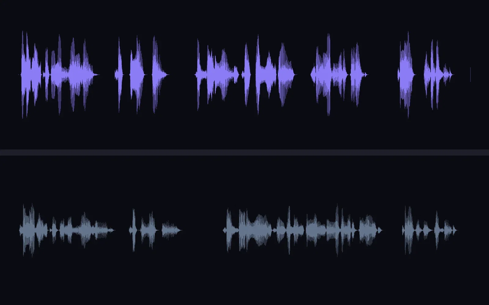 Stacked waveforms of the same script spoken by Eleven v3 and Multilingual v2 on FluxoKit, showing different dynamics